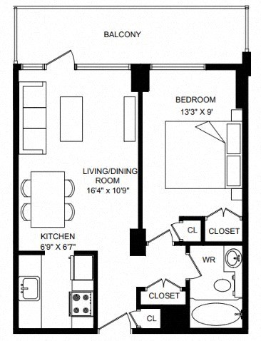 Floor plan for 1 bed, 1 bath, 500 sqft